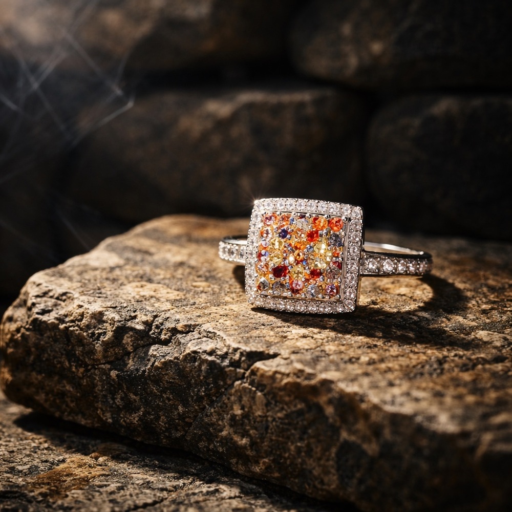925 Silver with Red (or orange), Light Pink and CZ Gemstone Ring 💍 size 8